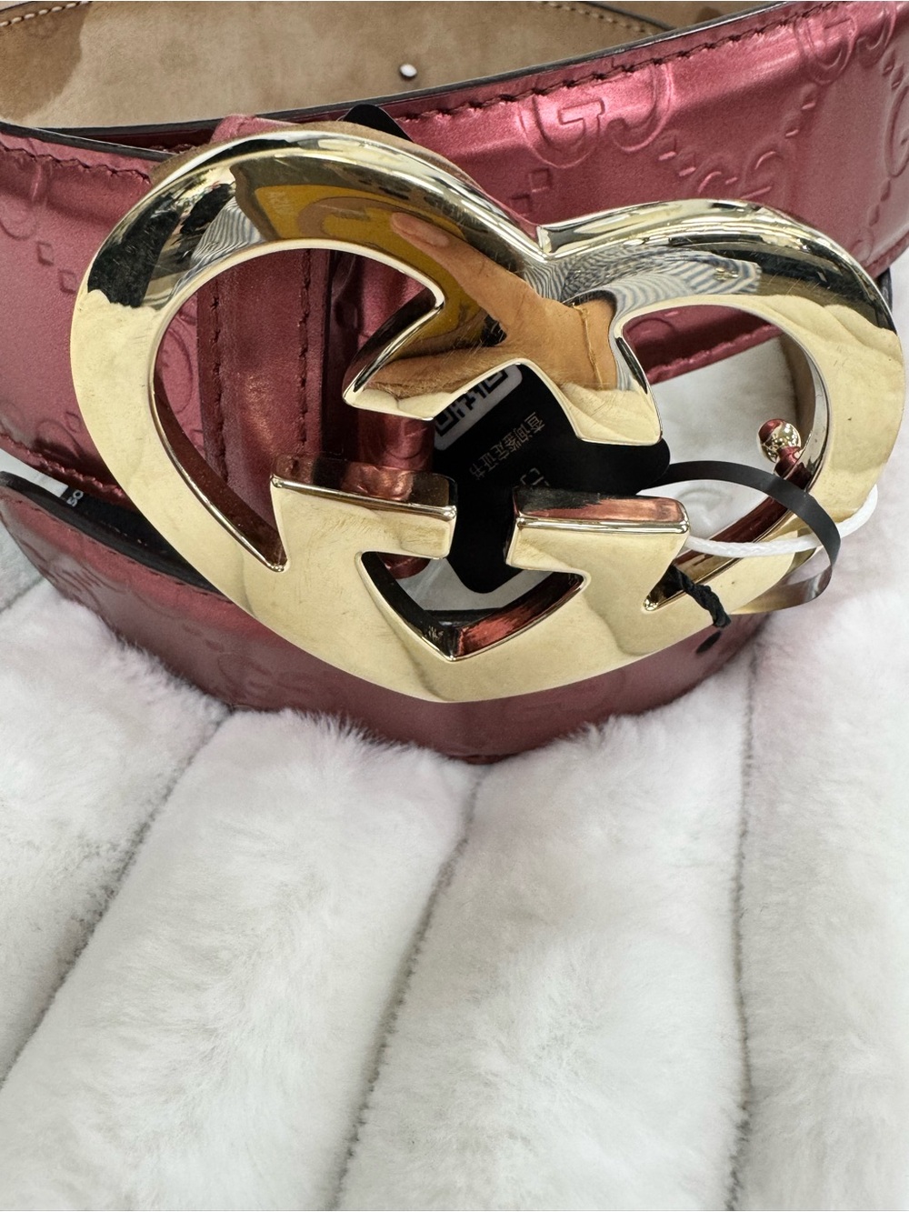 Gucci Metallic Pink Interlocking G Heart Buckle Belt with Gold Hardware